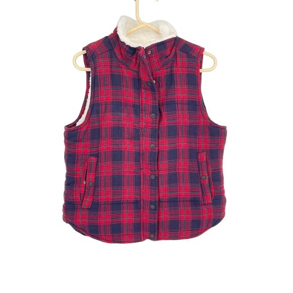 Skies Are Blue Red Blue Women's Sleeveless Plaid Lined Cotton Vest Zip/ Button L - Picture 1 of 8